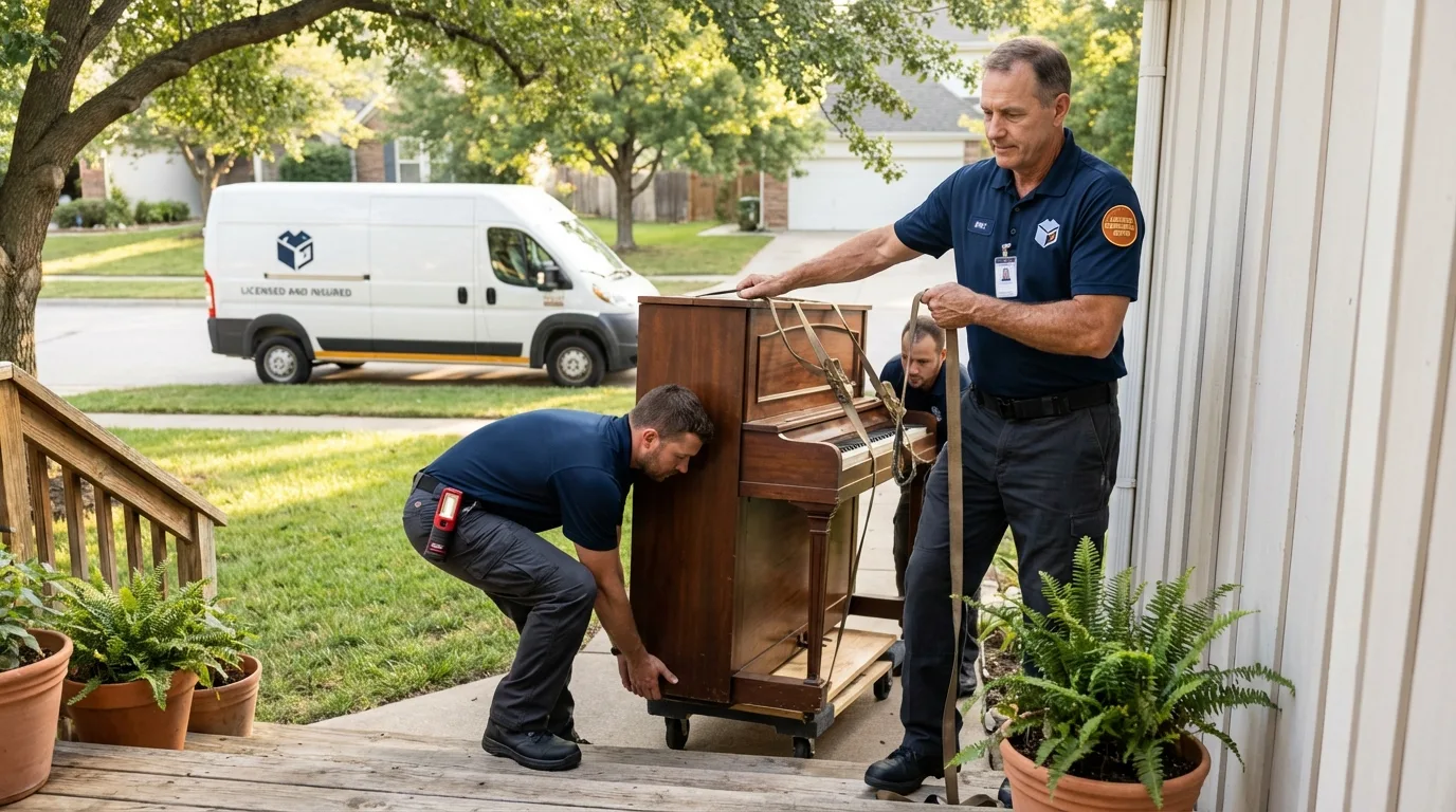 Licensed piano movers securing grand piano in Perryton, TX